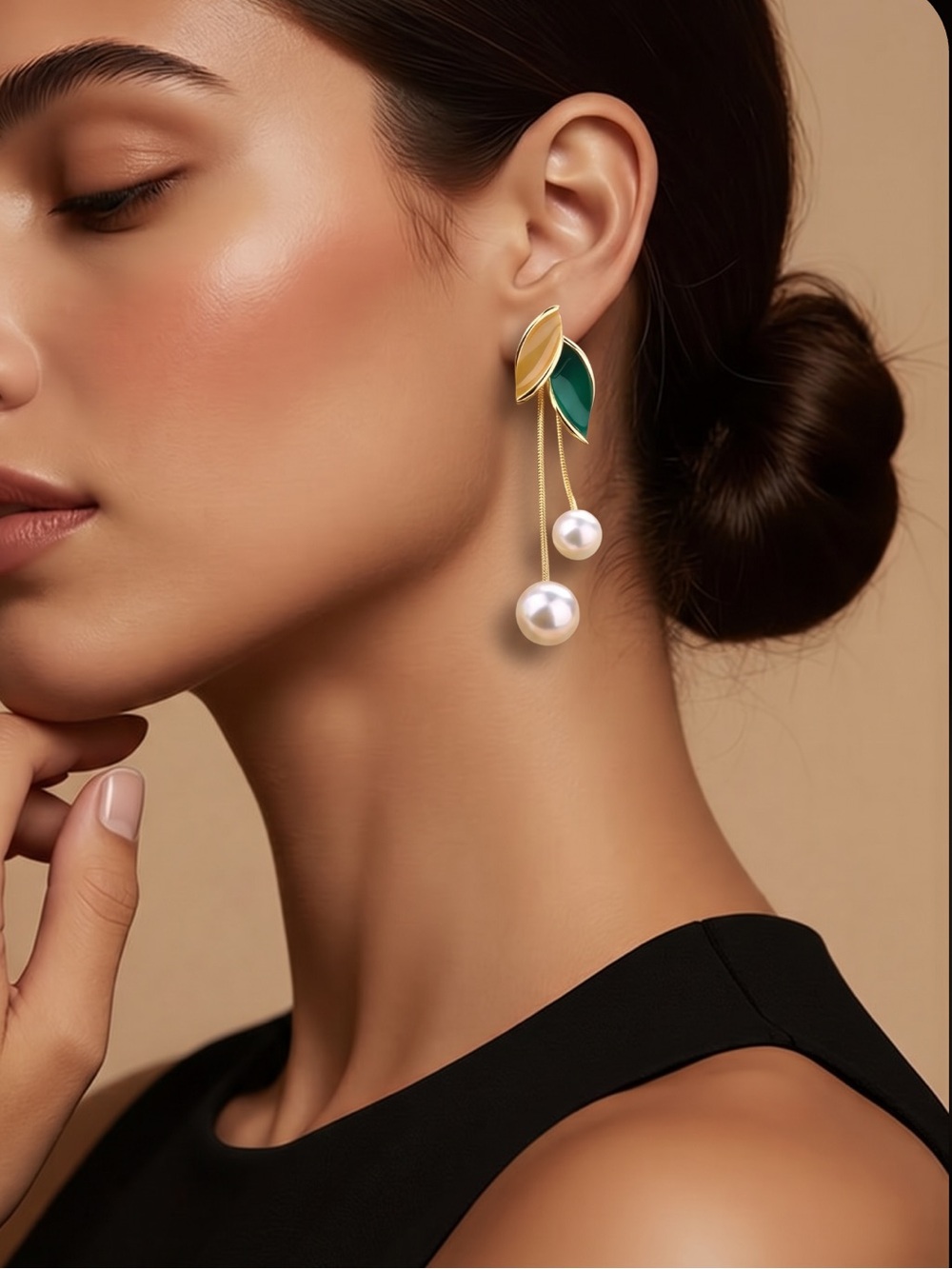 Gold and Green Metal Pearl Drop Earrings.